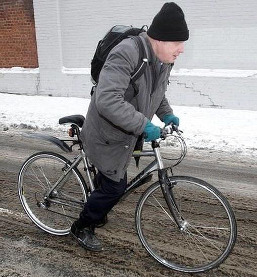 Boris on a bike in the snow